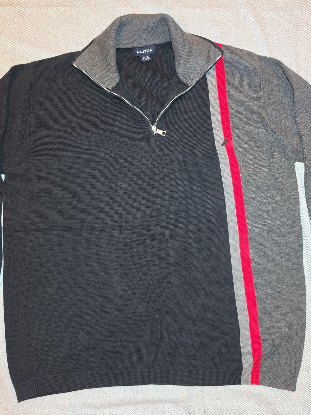XL Nautica Men’s Black Gray Red Trim Quarter-Zip Sweatshirt LongSleeve 100Cotton